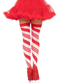 Candy Cane Thigh High - One Size - White/red