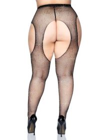 Casey Rhinestone Fishnet Suspender Pantyhose (Option: Queen  Black)