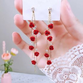 Flower Long Earrings Wild Red Rose Flower Long Rhinestone Tassel Earrings Earrings (Option: Red rose-1 pair)