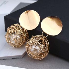 Vintage Geometric Earrings Simple Woven Ball Pearl Stud Earrings (Option: Smooth ear studs)