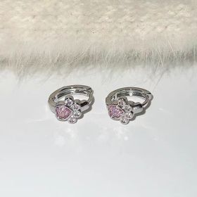 Female Diamond Studded Love Cat Foot Earrings (Option: Pink)