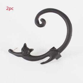 Single Piece Punk Style Cat Post Earring with Ear Cuff Rock Animal Black Stud Earring (Option: Black2PC)