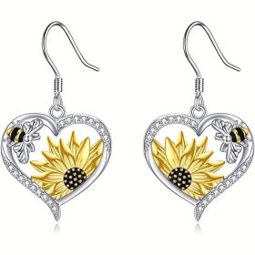 Cute Lady Animal Bee Sunflower Heart Earrings (Option: Silver)