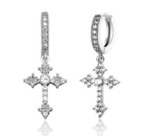 1 Pair Men's Sparkling Zircon Cross Dangle Huggie Hoops,Everyday Versatile Earrings (Option: Silvery)