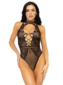 Net and Lace Keyhole Halter Bodysuit (Option: One Size  Black)