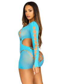 Seamless Cut Out Long Sleeve Mini Dress With Faux Lace Up Detail (Option: One Size  Turquoise)