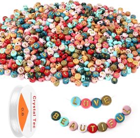 Colored Letter Beads,  1900Pcs 4x7mm Colorful Gold Acrylic Alphabet Beads With 1 Roll Elastic String For Bracelet Necklace Jewelry Making Supplie (Option: 1900Pcs)