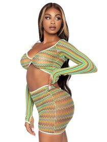 2 Pc Zig Zag Net Crop Top and Mini Dress (Option: One Size  Green)